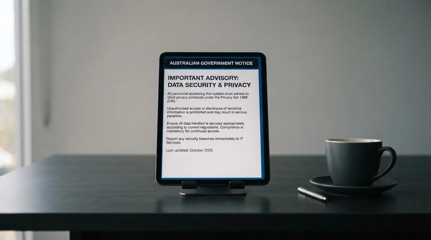A tablet on a desk displays a plain government-style warning notice page, with a coffee cup beside it.