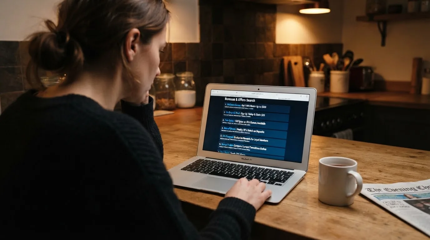 A person sits at a kitchen table in the evening, scrolling a laptop showing a general search results page about bonus offers.