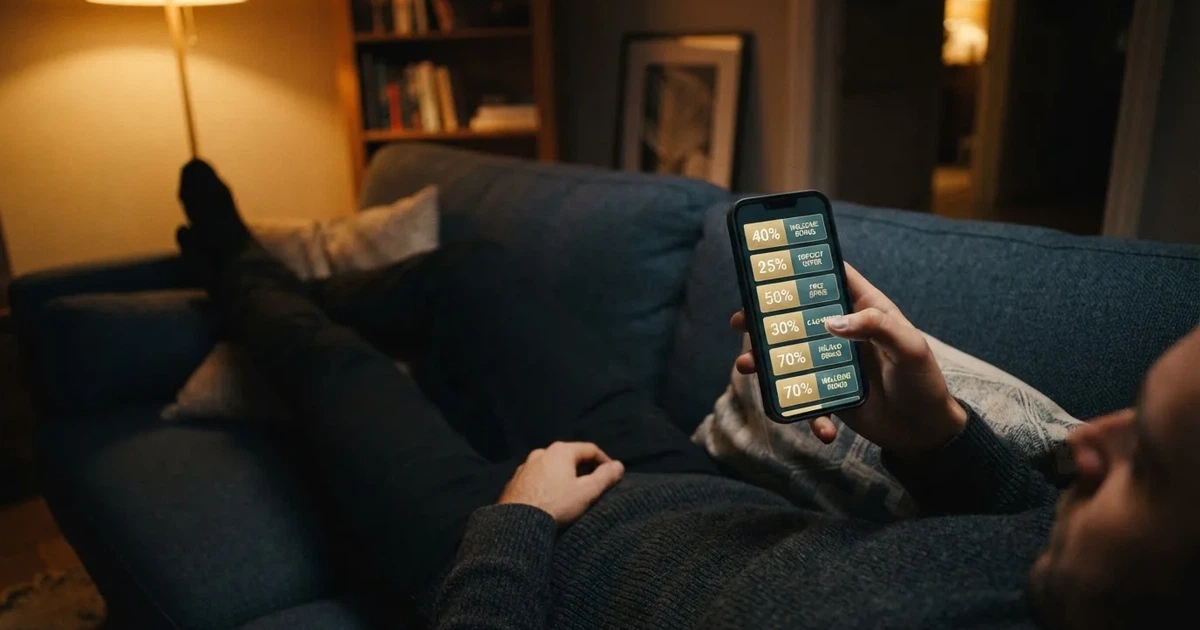 A phone screen shows a list of promotional bonus tiles as someone scrolls with one thumb on a couch.