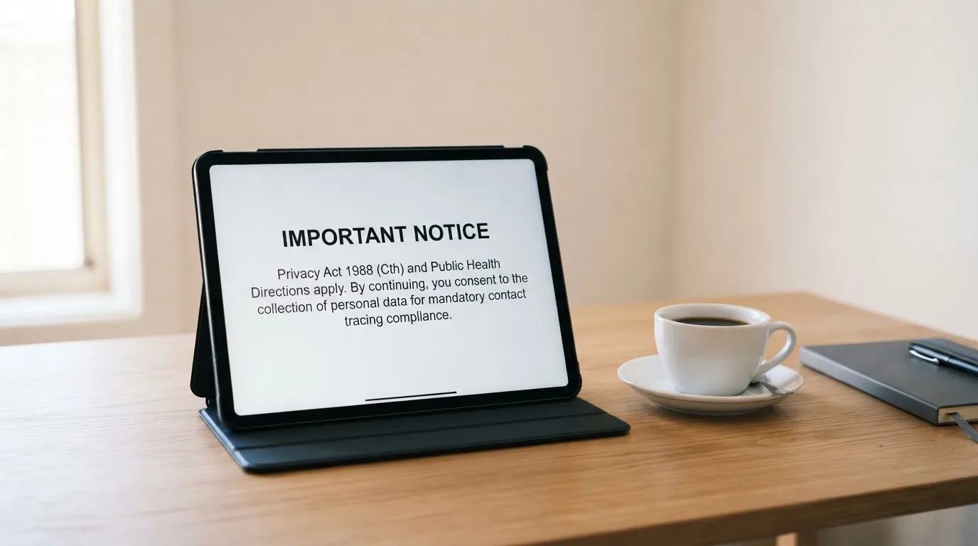 A tablet on a desk displays a plain government-style warning notice page, with a coffee cup beside it.