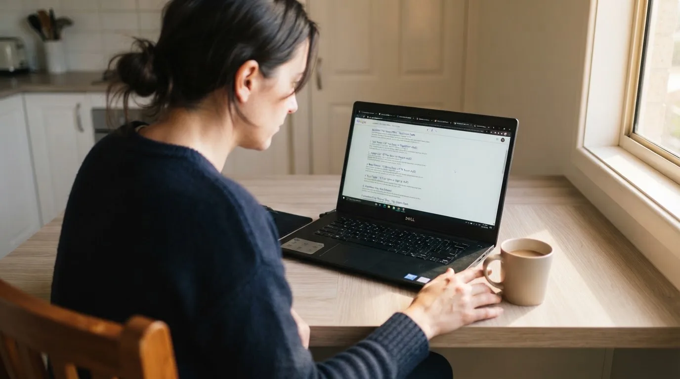 A person sits at a kitchen table, scrolling a laptop showing a general search results page about free spins offers.