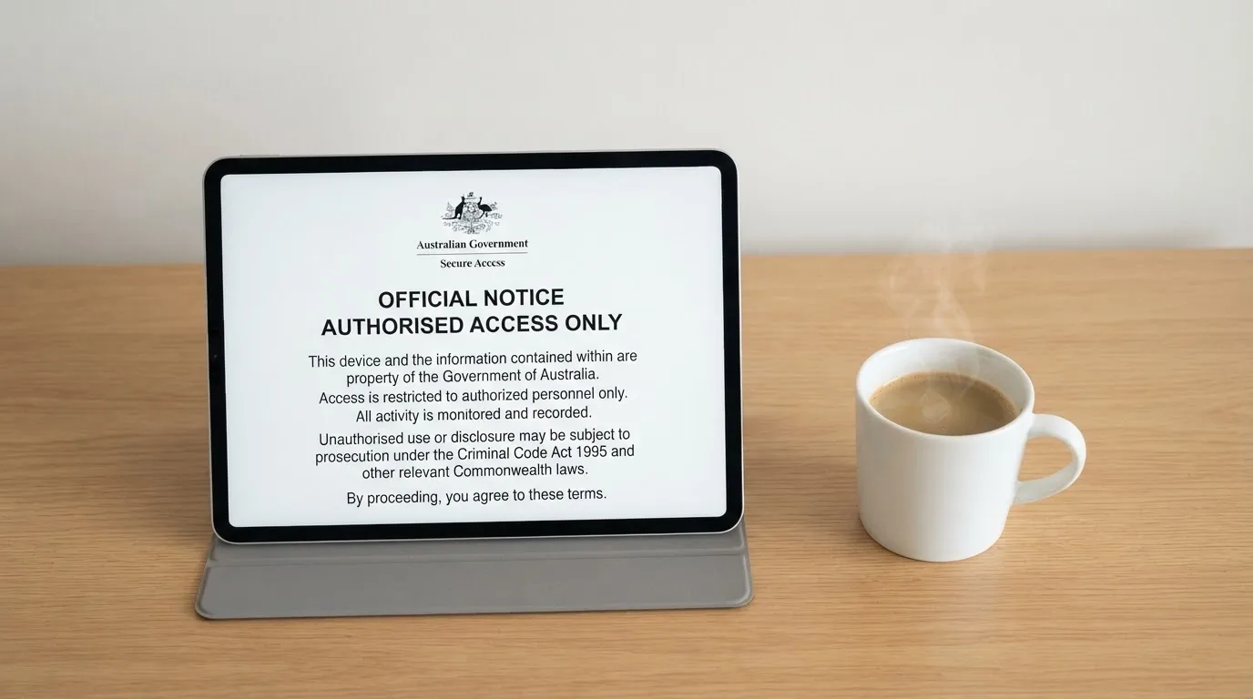A tablet on a desk displays a plain government-style warning notice page, with a coffee cup beside it.