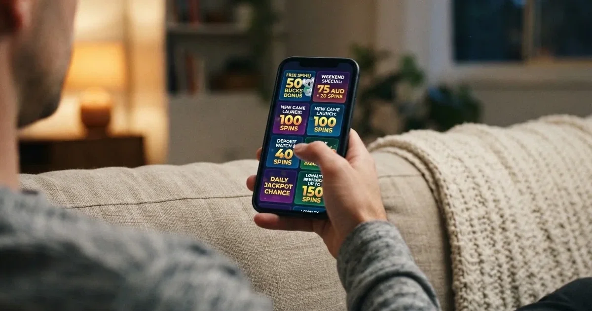 A phone screen shows a list of promotional bonus tiles as someone scrolls with one thumb on a couch.