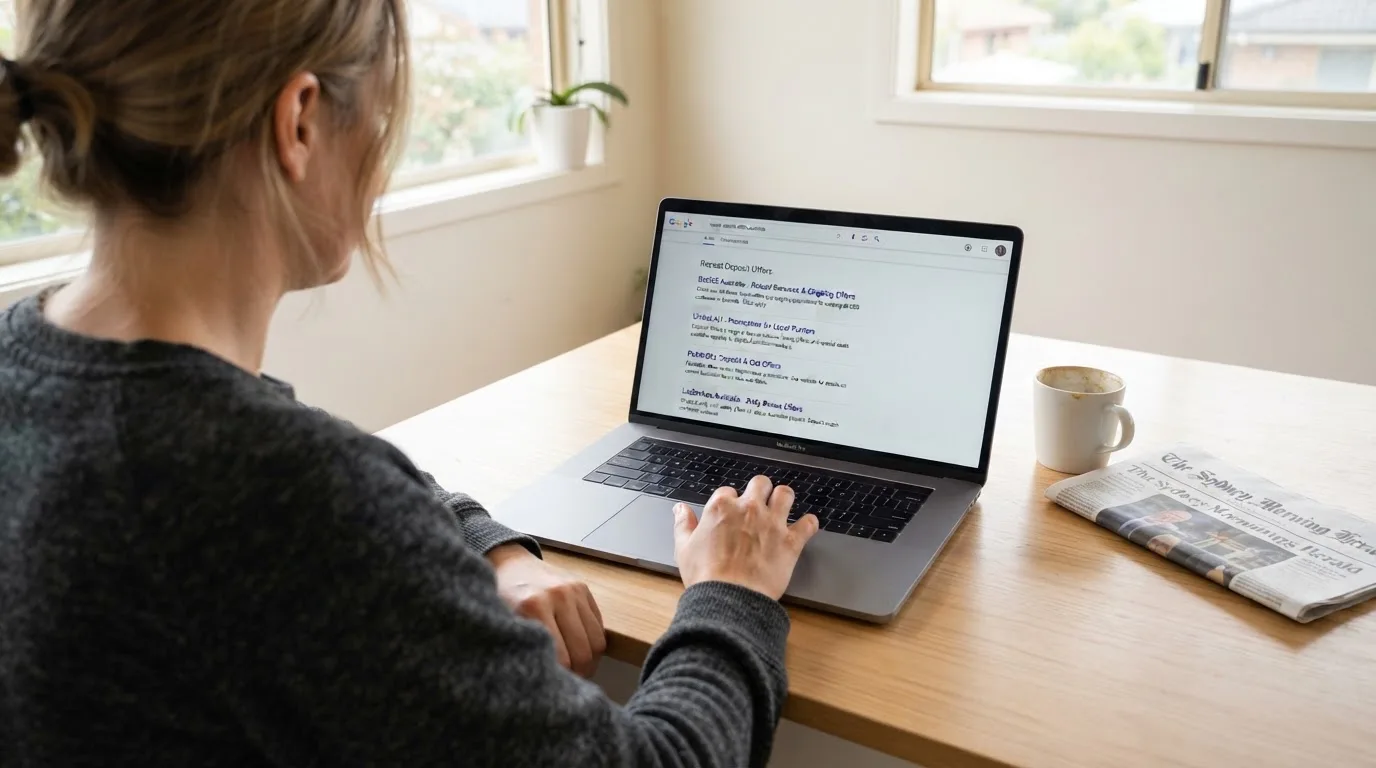 A person sits at a kitchen table, scrolling a laptop showing a general search results page about repeat-deposit offers.