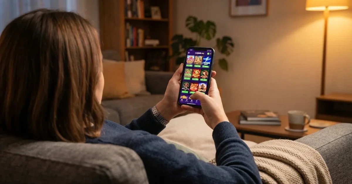 A phone screen shows a list of promotional bonus tiles as someone scrolls with one thumb on a couch.