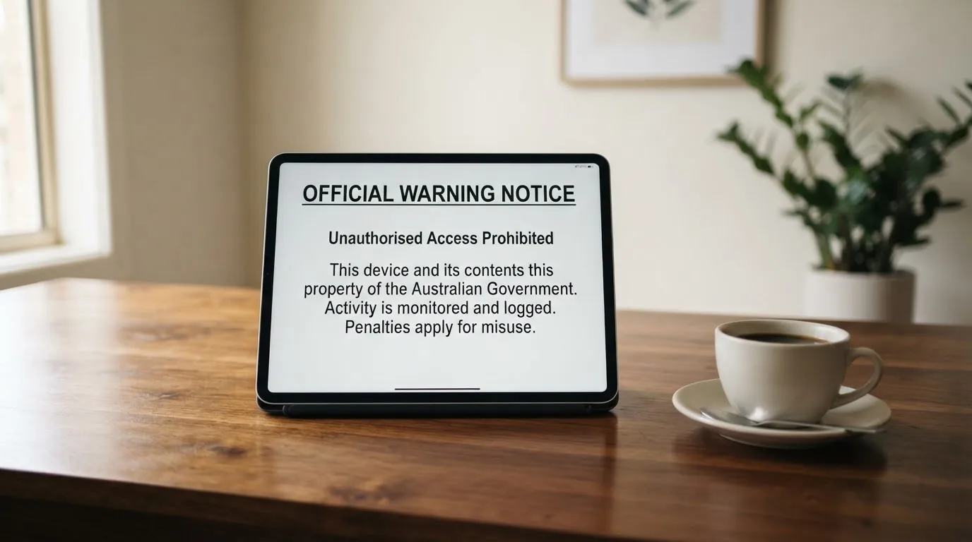 A tablet on a desk displays a plain government-style warning notice page, with a coffee cup beside it.