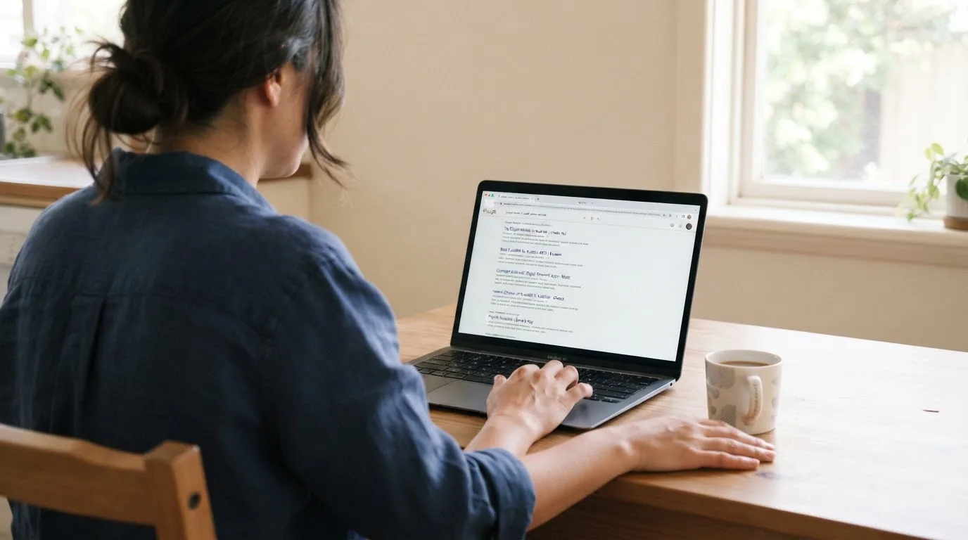 A person sits at a kitchen table, scrolling a laptop showing a general search results page about e-wallet options.