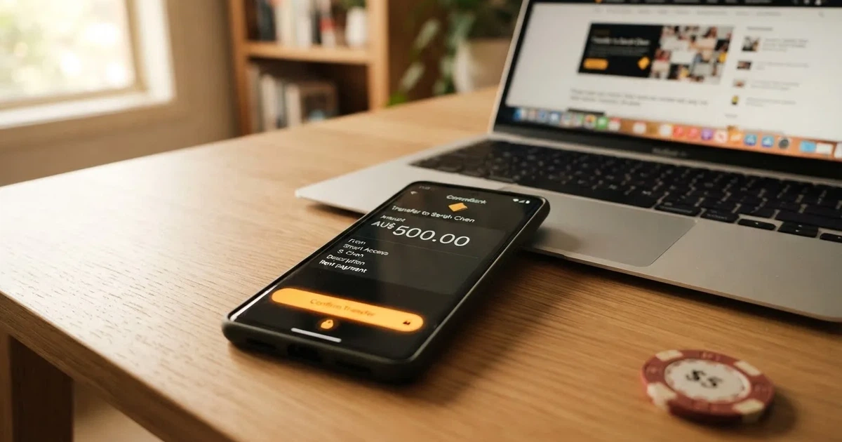 Close-up of a smartphone banking app open beside a laptop on a home desk, mid-transfer.
