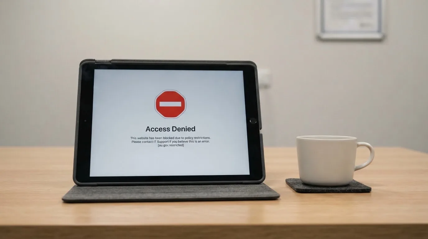 A tablet on a desk displays a plain government-style warning notice page, with a coffee cup beside it.