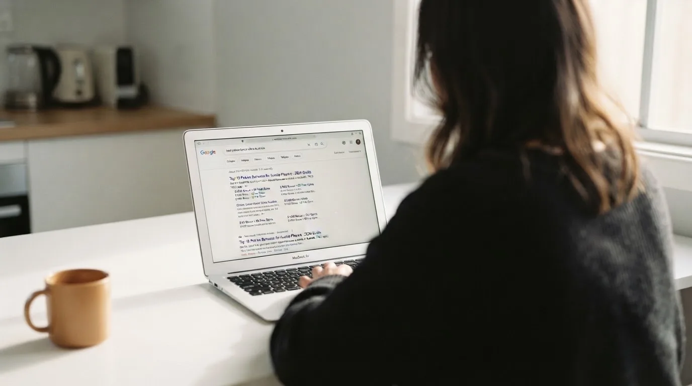 A person sits at a kitchen table, scrolling a laptop showing a general search results page about pokies bonus offers.
