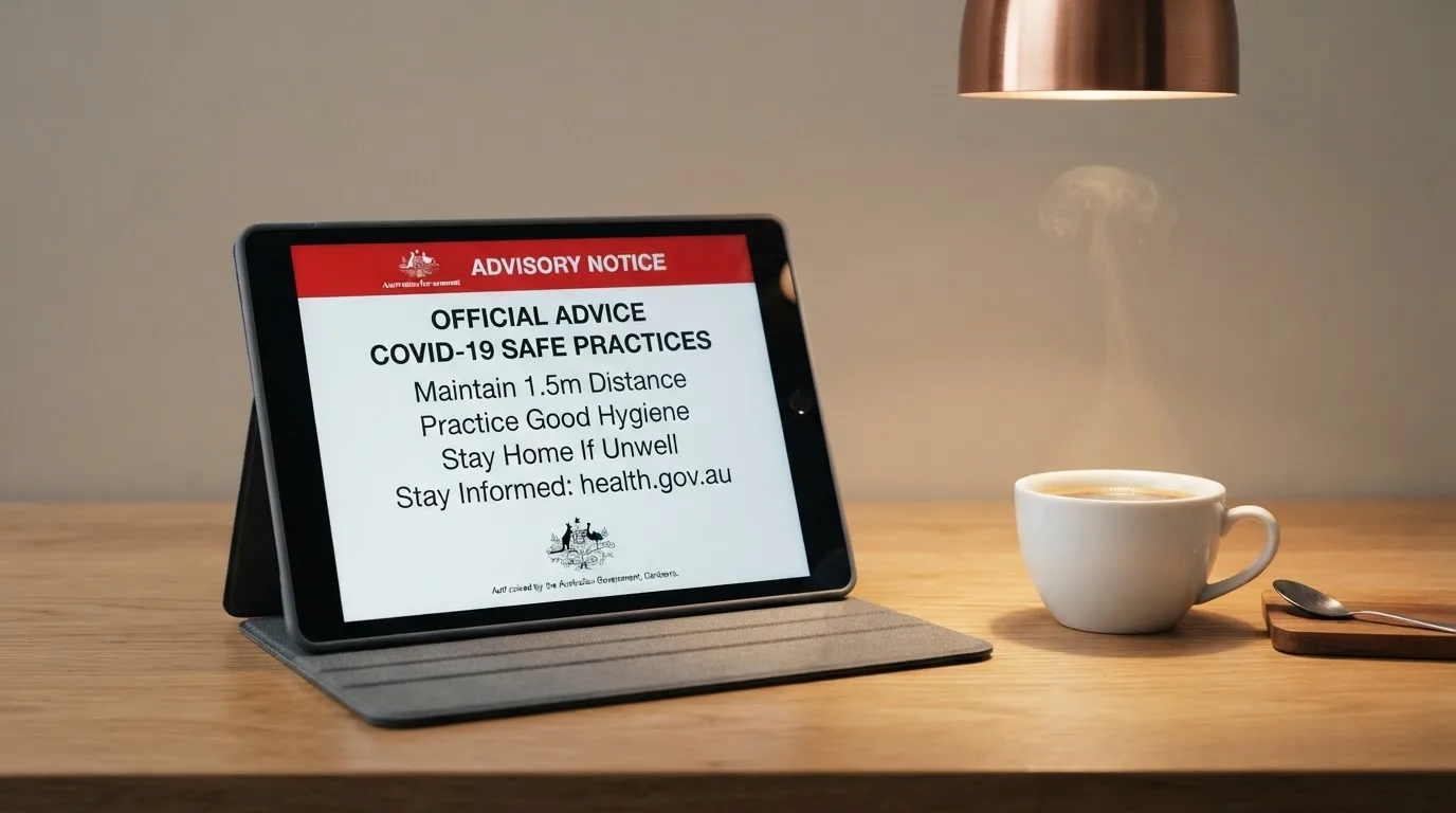 A tablet on a desk displays a plain government-style warning notice page, with a coffee cup beside it.