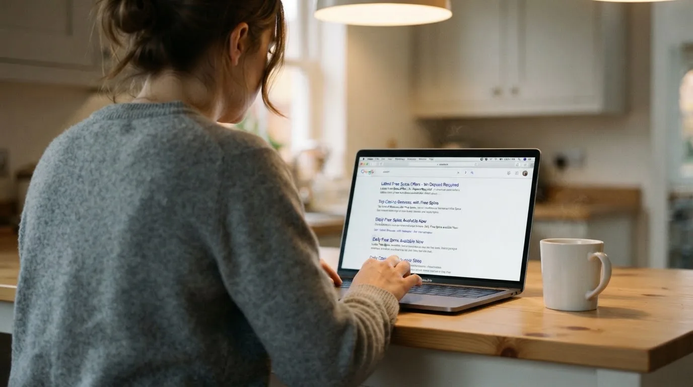 A person sits at a kitchen table, scrolling a laptop showing a general search results page about free spins offers.