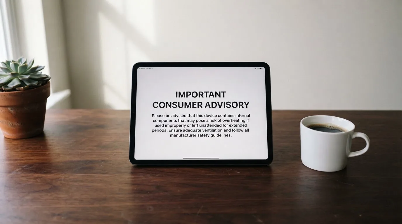 A tablet on a desk displays a plain government-style warning notice page, with a coffee cup beside it.