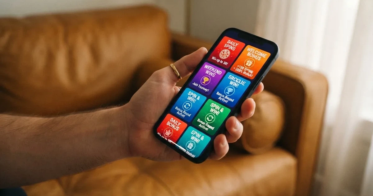 A phone screen shows a list of promotional bonus tiles as someone scrolls with one thumb on a couch.