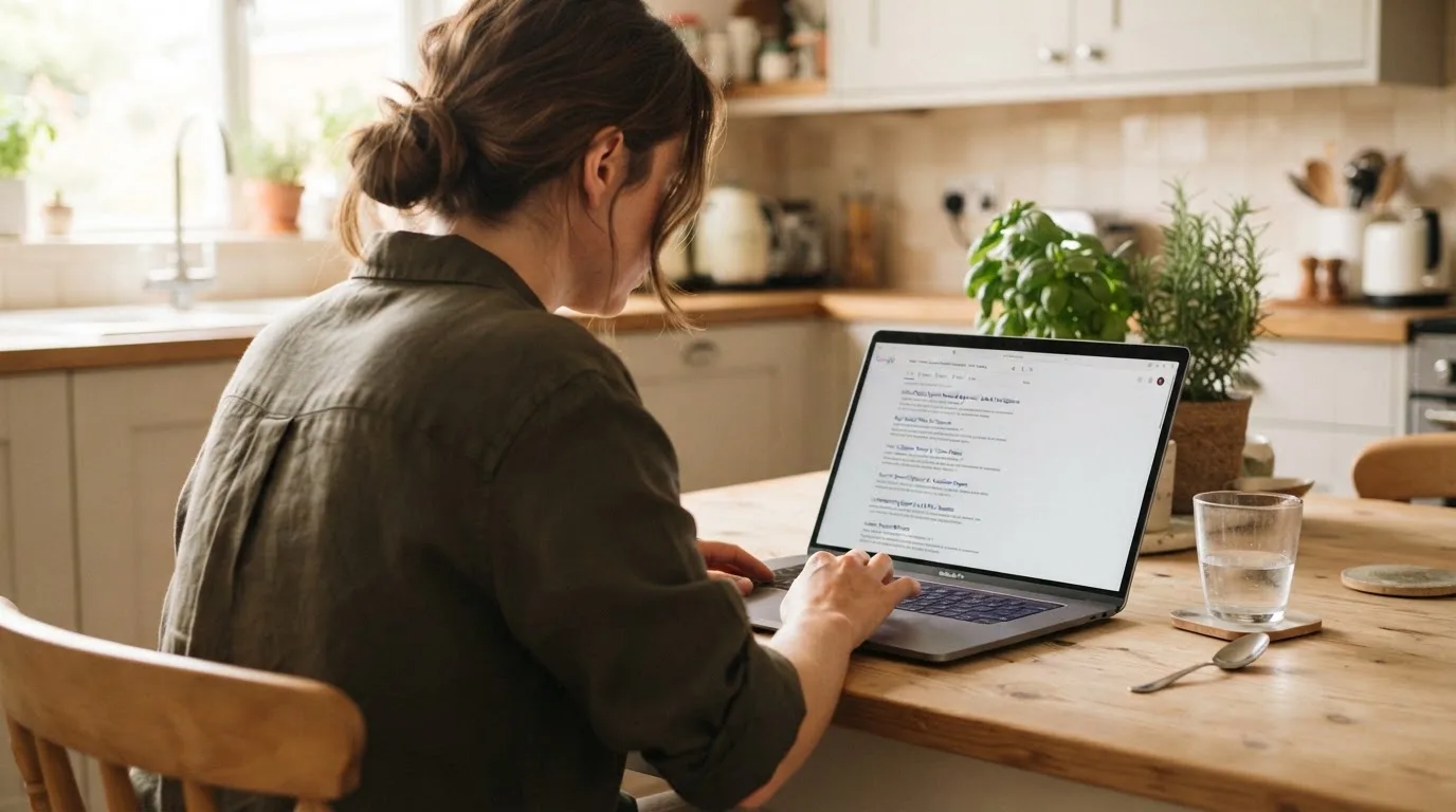 A person sits at a kitchen table, scrolling a laptop showing a general search results page about pokies deposit options.