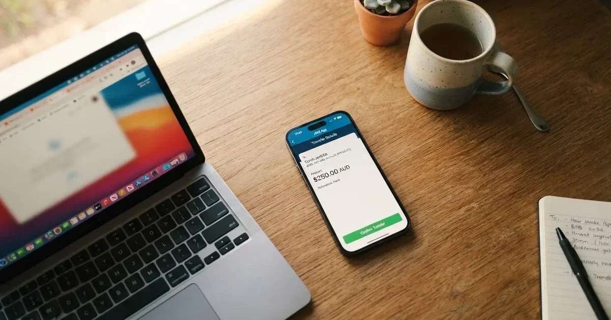 Close-up of a smartphone banking app open beside a laptop on a home desk, mid-transfer.