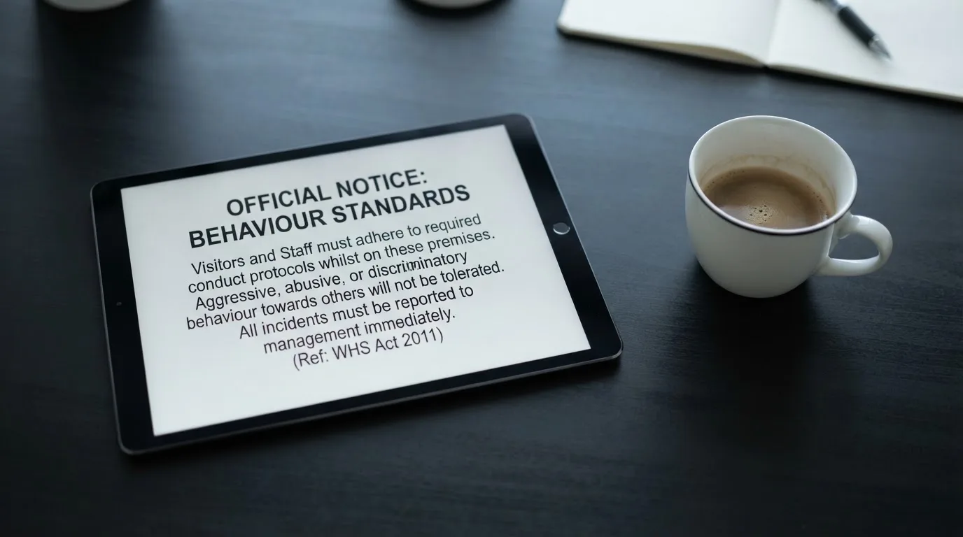 A tablet on a desk displays a plain government-style warning notice page, with a coffee cup beside it.
