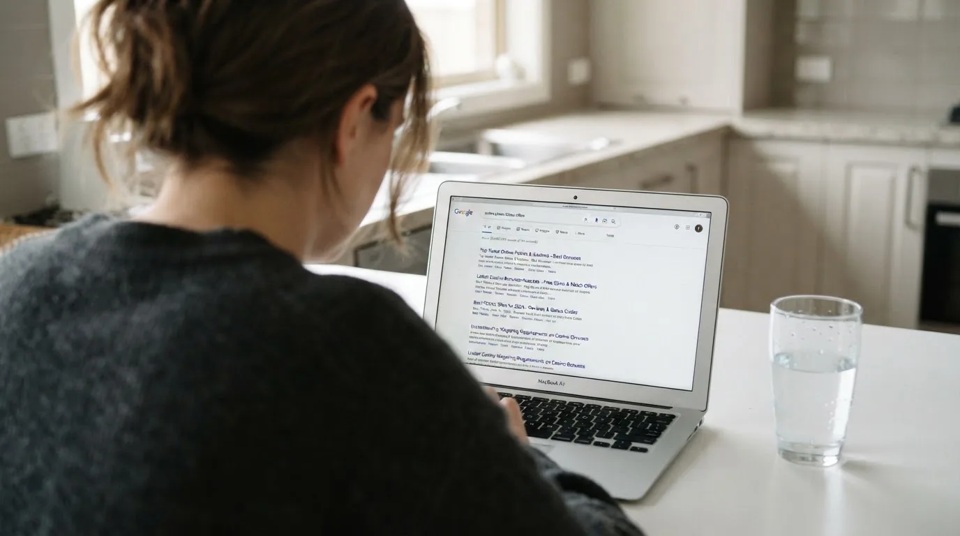 A person sits at a kitchen table, scrolling a laptop showing a general search results page about pokies bonus claims.