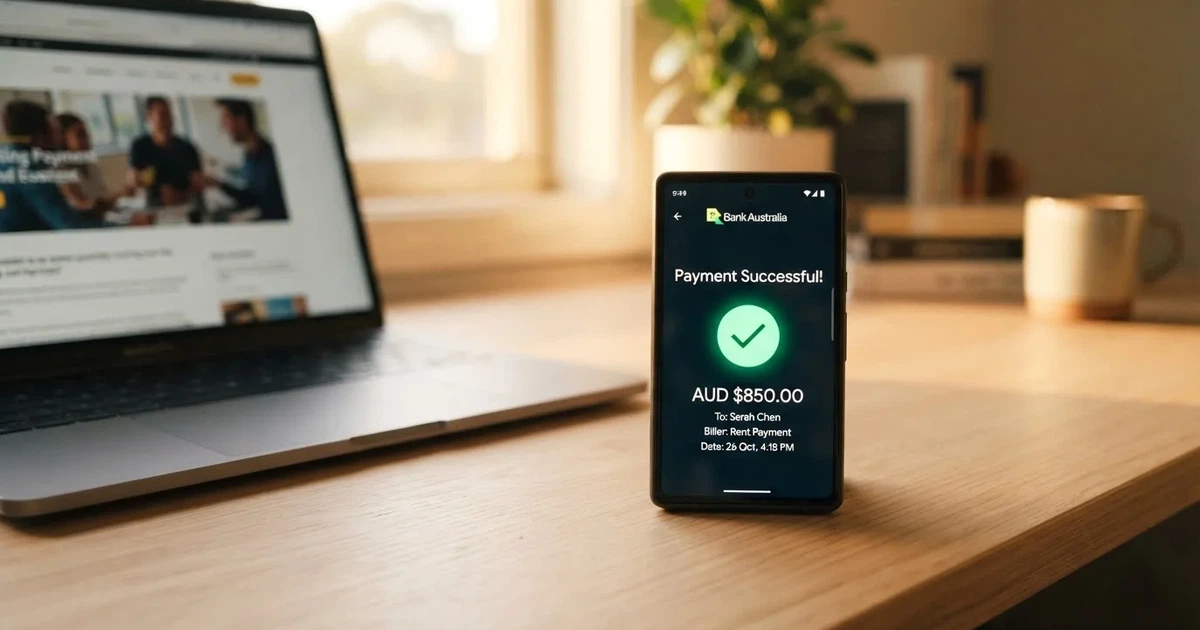 Close-up of a smartphone banking app open beside a laptop on a home desk, mid-transfer.