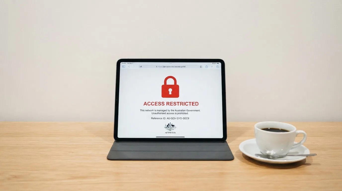 A tablet on a desk displays a plain government-style warning notice page, with a coffee cup beside it.