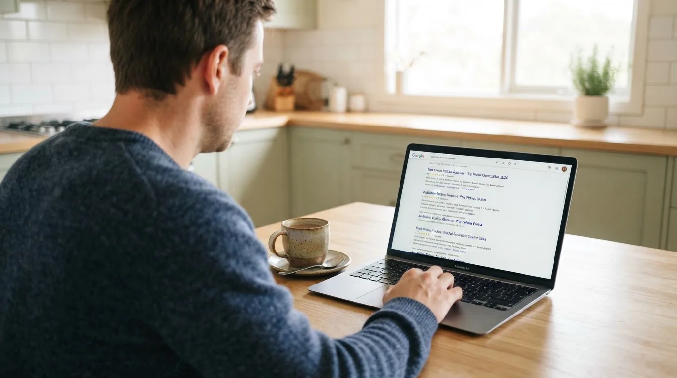 A person sits at a kitchen table, scrolling a laptop showing a general search results page about a review of a pokies site.