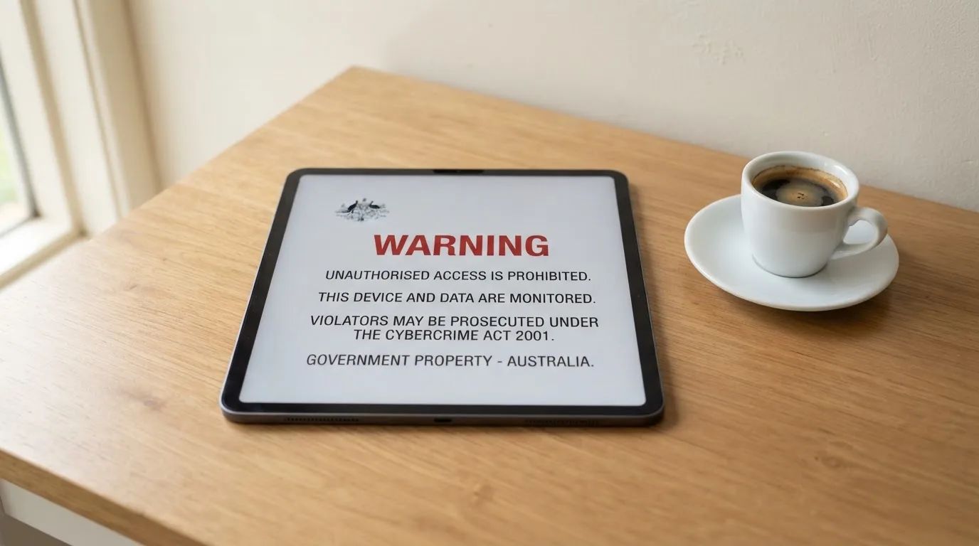 A tablet on a desk displays a plain government-style warning notice page, with a coffee cup beside it.