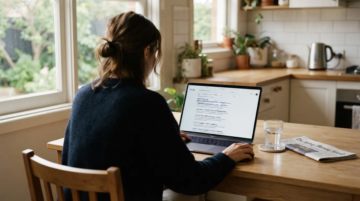 A person sits at a kitchen table, scrolling a laptop showing a general search results page about withdrawal speed claims.