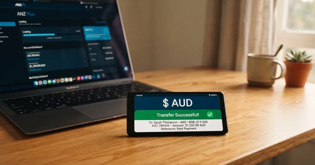 Close-up of a smartphone banking app open beside a laptop on a home desk, mid-transfer.