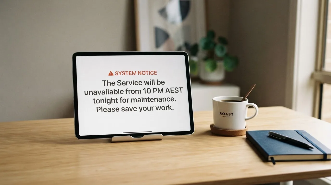 A tablet on a desk displays a plain government-style warning notice page, with a coffee cup beside it.