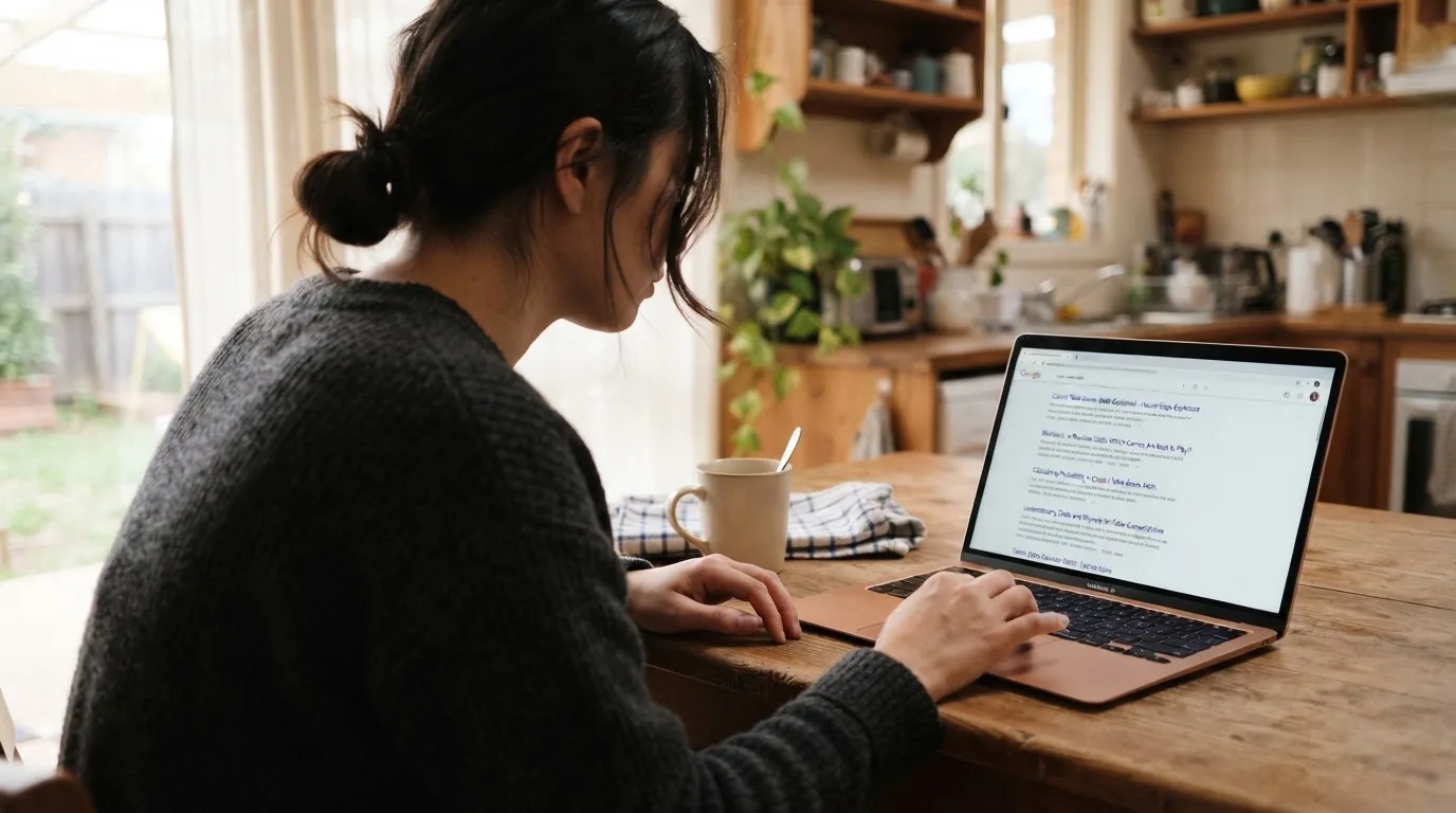 A person sits at a kitchen table, scrolling a laptop showing a general search results page about table game odds.