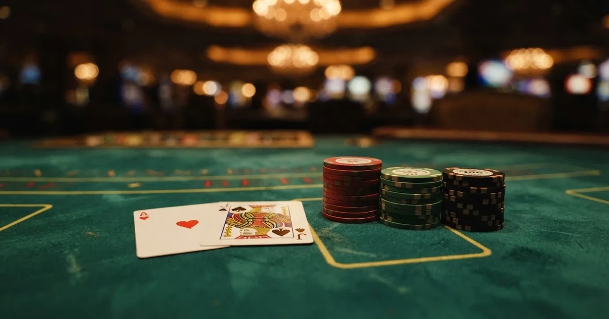 A close-up of a blackjack table felt with cards and chips laid out, no dealer or players visible.