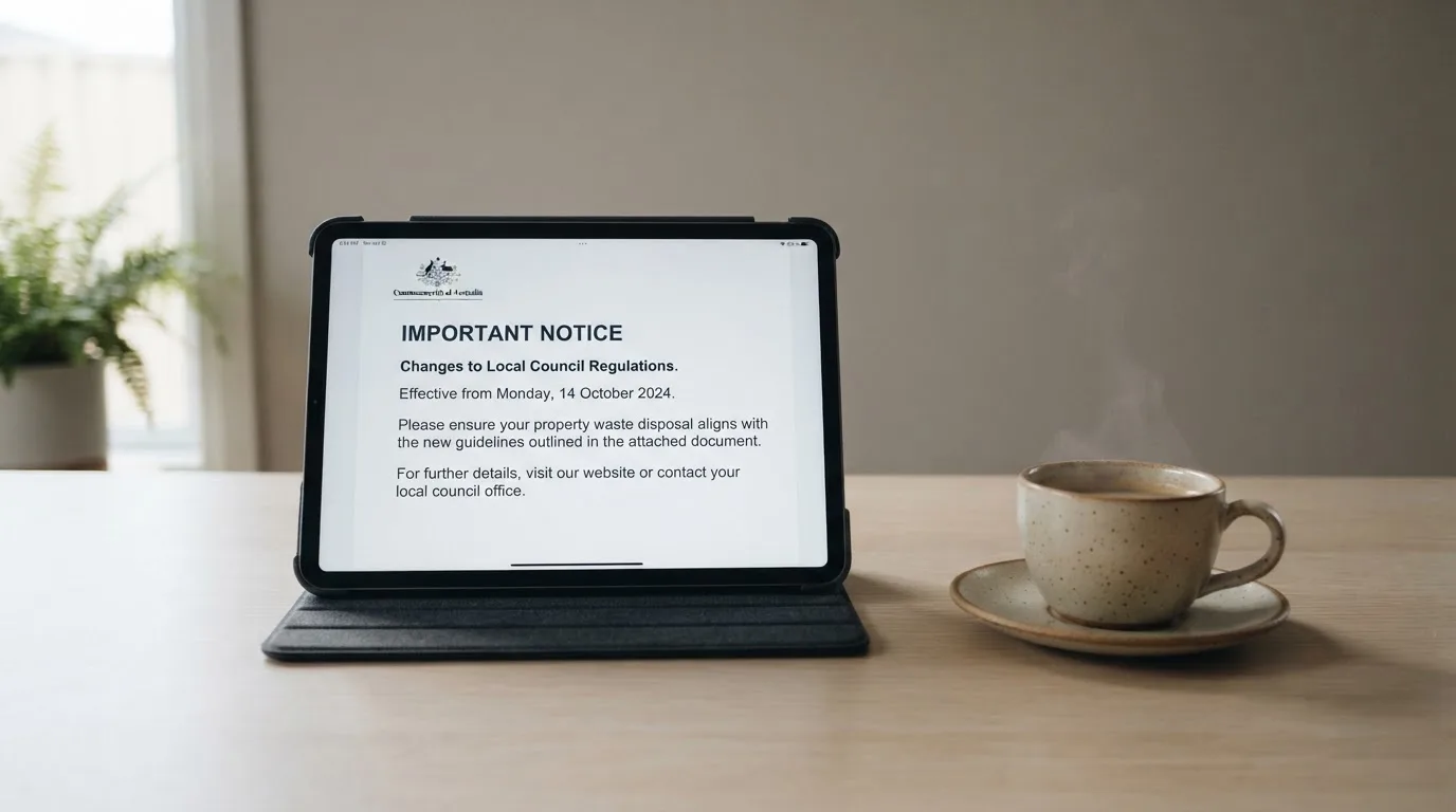 A tablet on a desk displays a plain government-style warning notice page, with a coffee cup beside it.