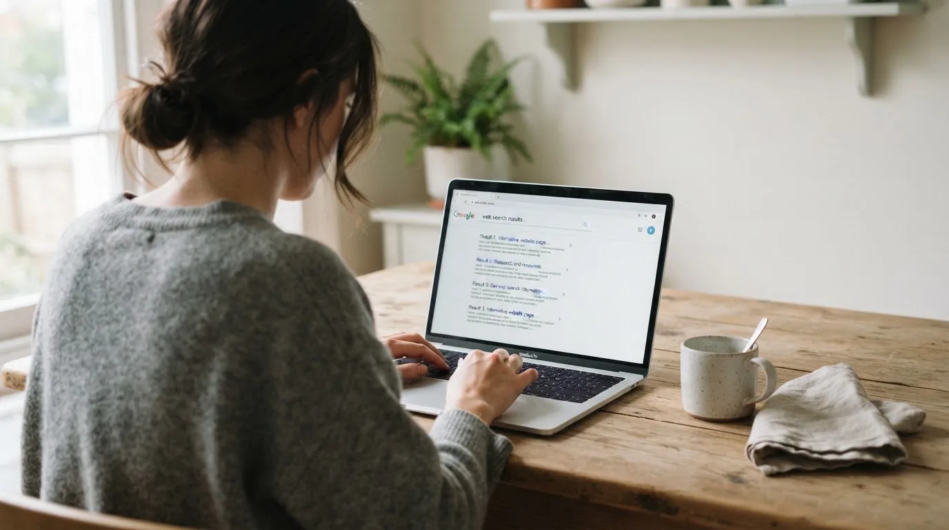 A person sits at a kitchen table, scrolling a laptop showing a general search results page about pokies apps.