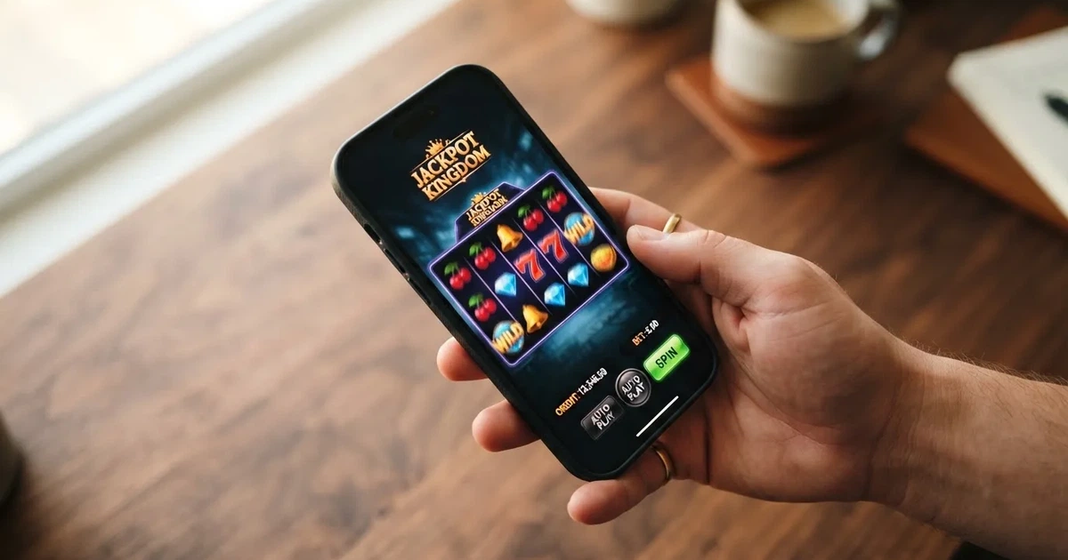 A hand holds a smartphone with an app icon grid visible on the home screen, thumb hovering over the display.