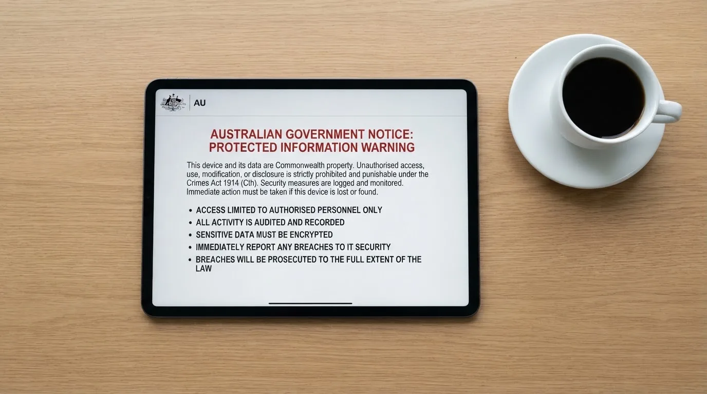 A tablet on a desk displays a plain government-style warning notice page, with a coffee cup beside it.