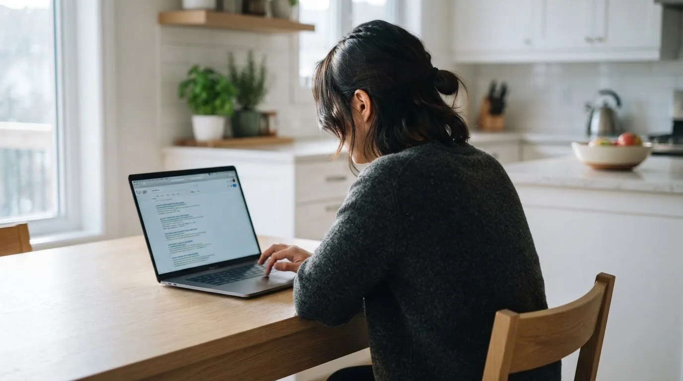 A person sits at a kitchen table, scrolling a laptop showing a general search results page about payout speed claims.