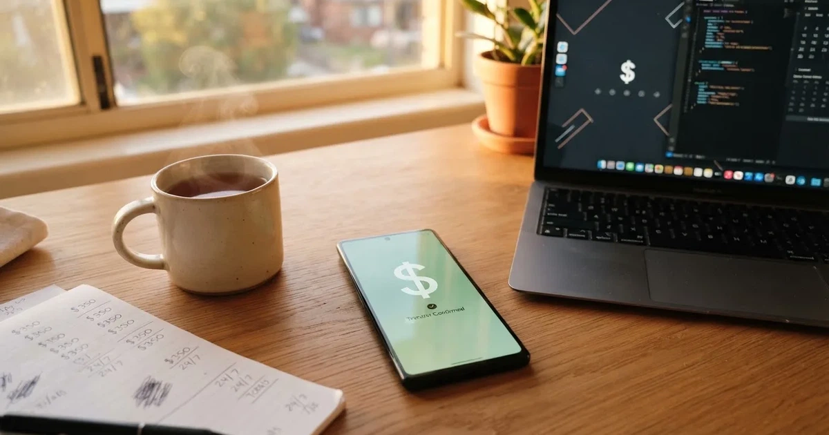 Close-up of a smartphone banking app open beside a laptop on a home desk, mid-transfer.