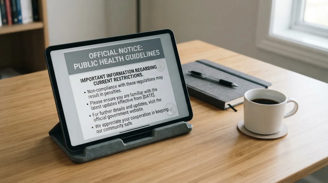 A tablet on a desk displays a plain government-style warning notice page, with a coffee cup beside it.